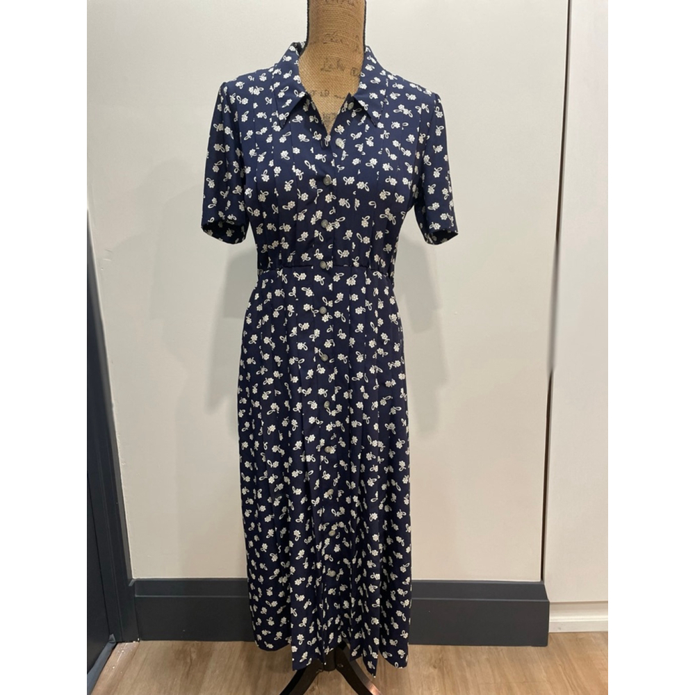 Liz Claiborne VTG Navy & White Floral Button Front Midi Shirt Dress Size 4 90s
